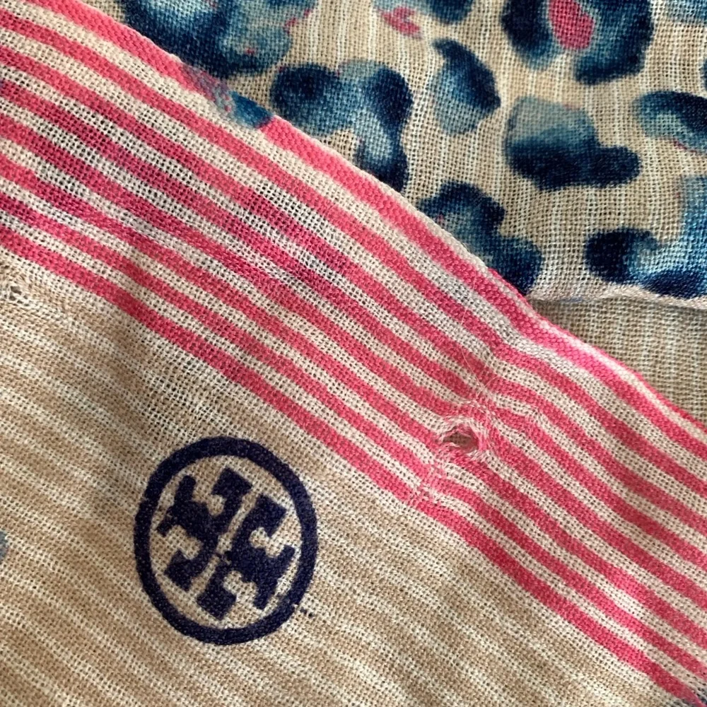 Tory Burch 72” Flower Print Scarf with Pink and Blue Accents